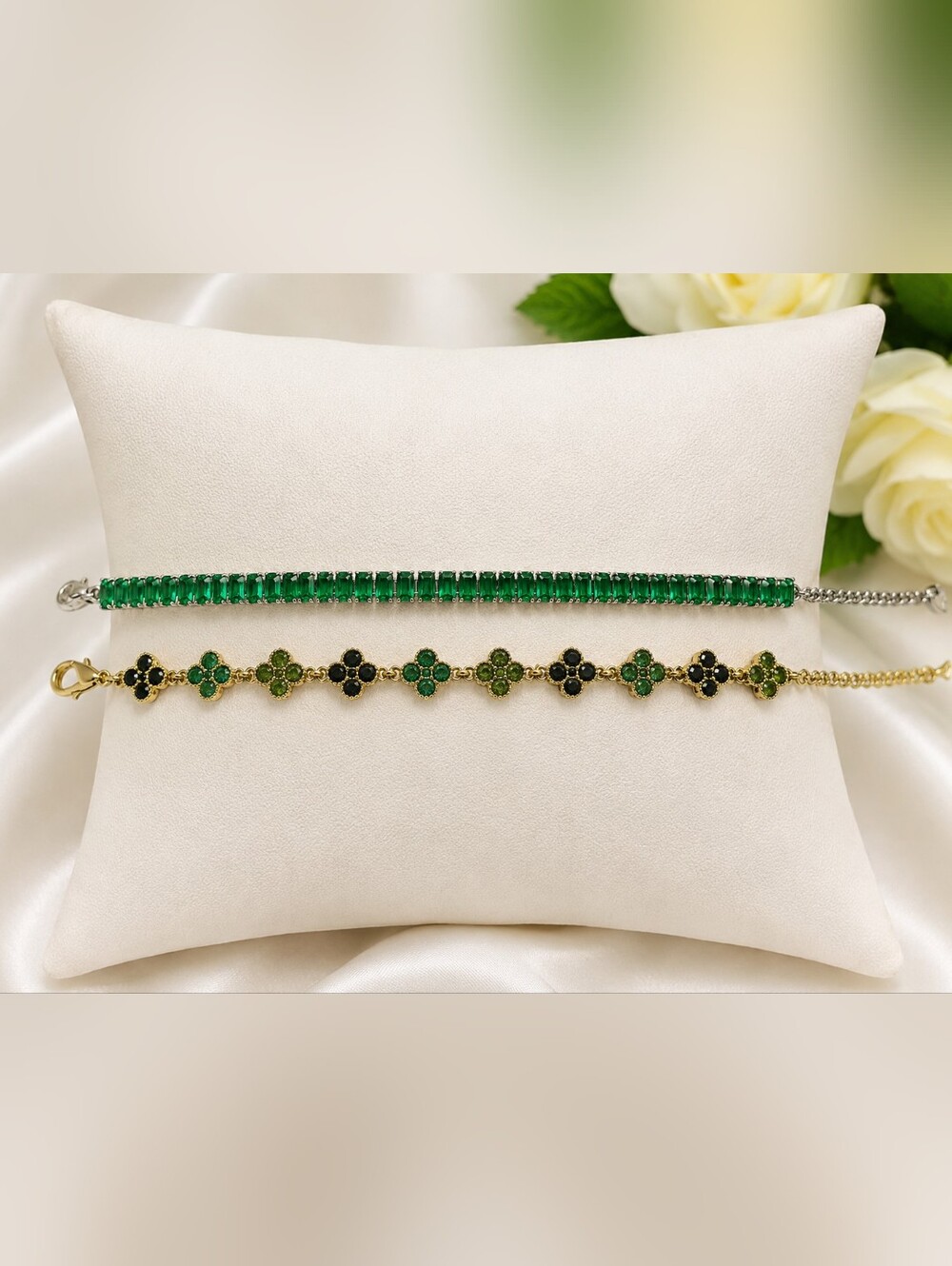 New Emerald Green Tennis Bracelet & Green Clover Bracelet Duo | 7" & 8.5" |